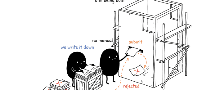 Hand-drawn illustration: a small figure feeds a form into an unfinished government machine that rejects it with no reason, while another figure writes the rule into a manual it is building itself