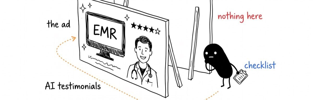 Hand-drawn cover for the guide on how to choose an EMR in the Philippines: a small figure with a checklist looks behind a glossy AI-generated EMR ad billboard and finds nothing behind it