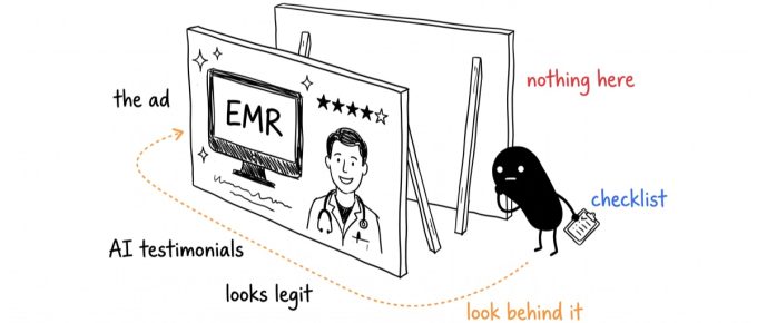Hand-drawn cover for the guide on how to choose an EMR in the Philippines: a small figure with a checklist looks behind a glossy AI-generated EMR ad billboard and finds nothing behind it